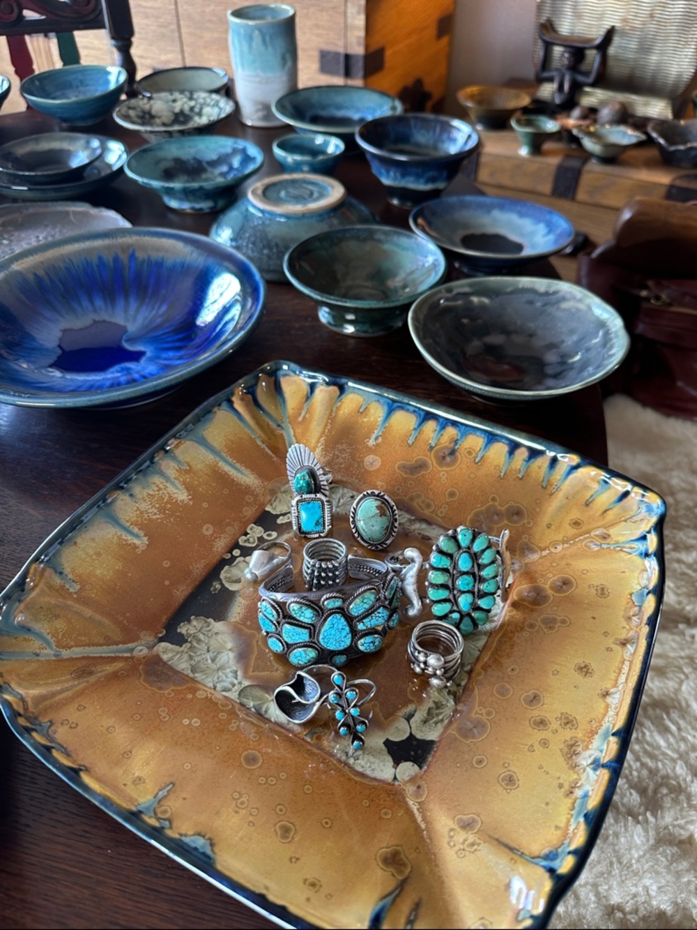 Handmade Edgecomb Pottery platter. Unique crystalline glaze. Bohemian home decor - Picture 15 of 15